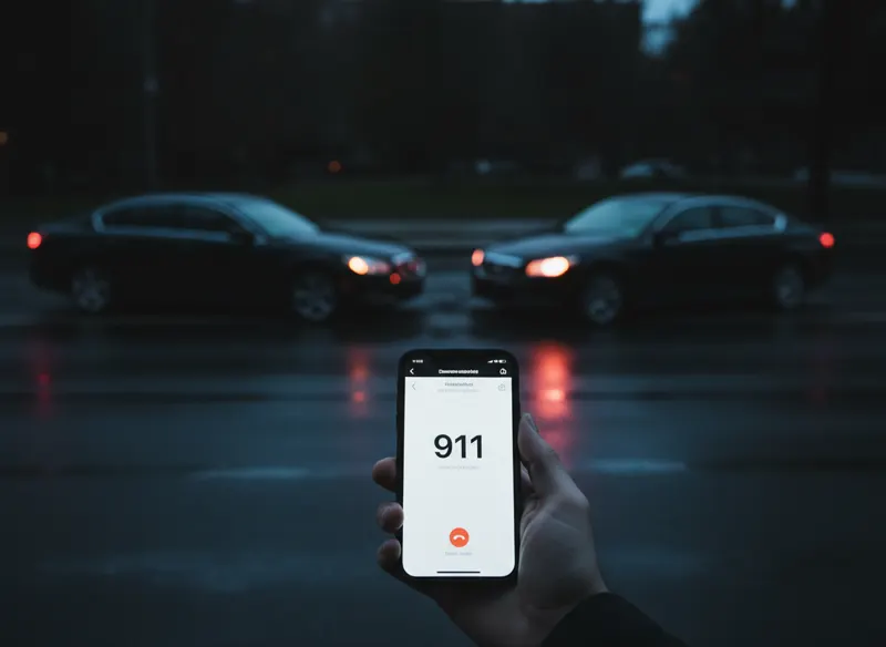 Mano sosteniendo un teléfono marcando al 911 frente a dos carros chocados