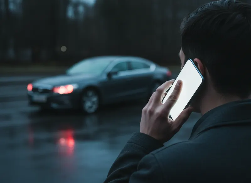 Hombre hablando por teléfono junto a su carro después de un choque