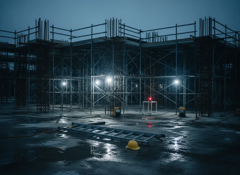 Sitio de construcción con escalera caída